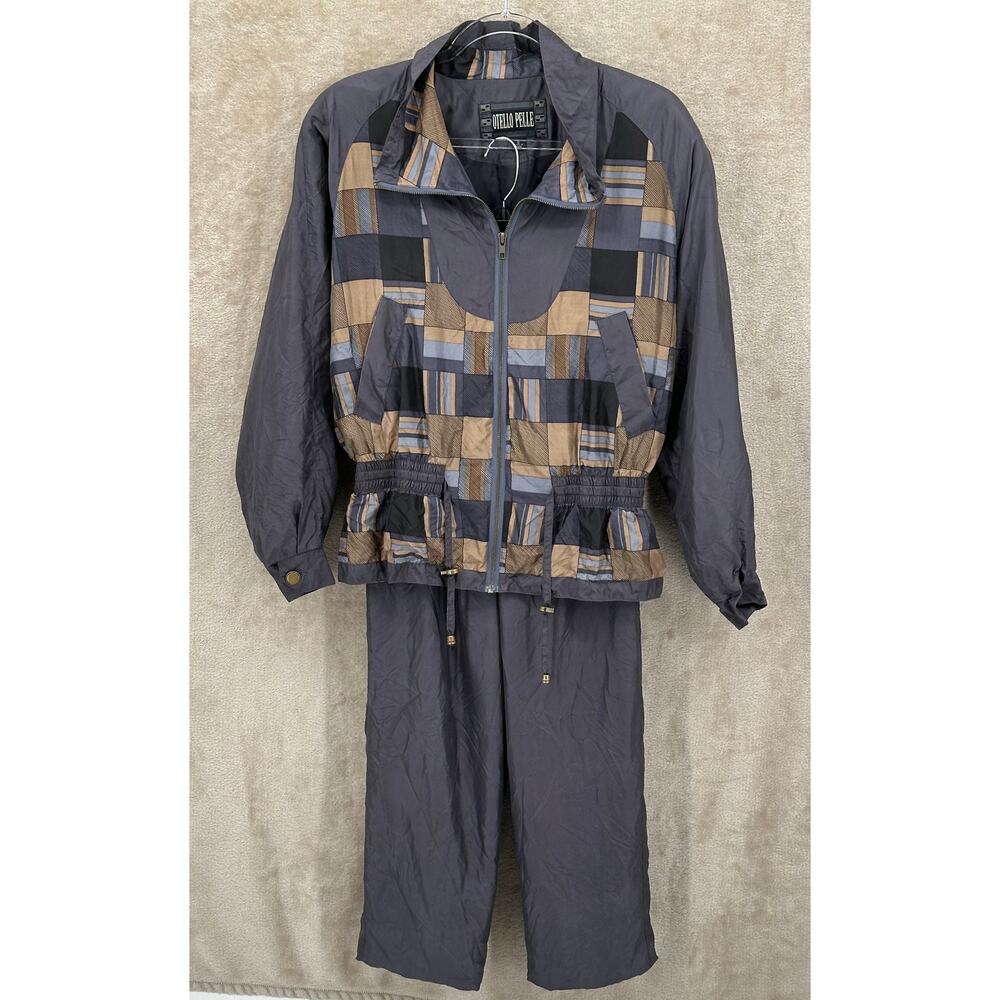 Otello Pelle Vintage 100% Silk Grey, blue & Brown Track Suit Jacket and Pants